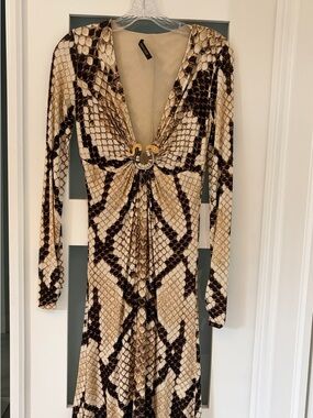 Roberto Cavalli Beige and Brown Snake-Print Long Sleeve Wrap Dress